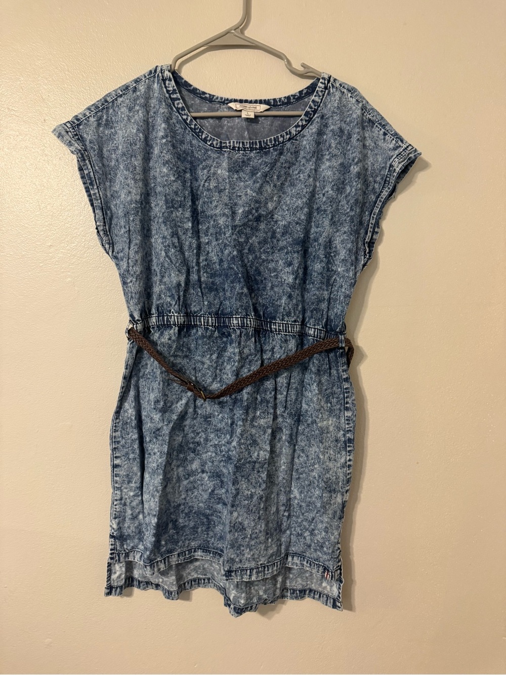 Blue Mineral-Wash Denim Mini Dress with Braided Belt